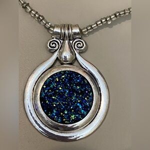 Blue Druzy Quartz Pendant Necklace Silver-Tone Boho Style